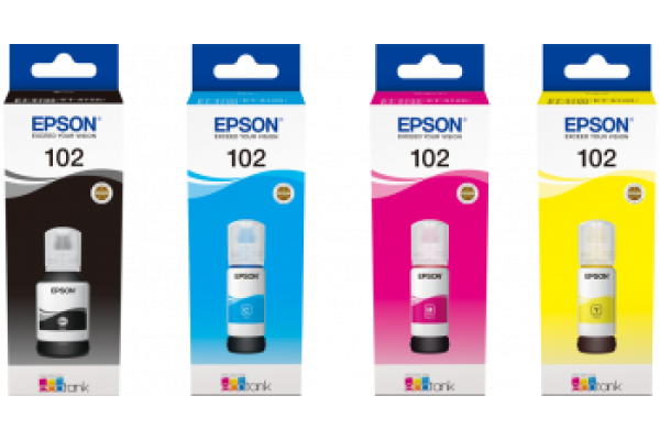 A Set of 4 Bottles of Epson102 Pigment, Dye Original Ink.