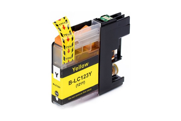 Yellow Compatible Ink Cartridge to replace a Brother LC123 Ink Cartridge.\n