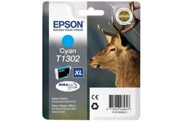 Epson Branded T1302 Cyan Ink Cartridge.